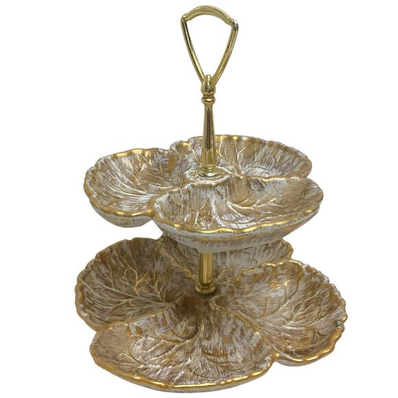 Vintage Haegar Pottery MCM Tiered Platter Gold Leaf Serving Tray 8044-H - Picture 4 of 7